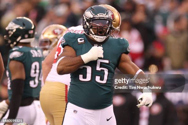 Brandon Graham of the Philadelphia Eagles reacts after a defensive stop against the San Francisco 49ers during the second quarter in the NFC...
