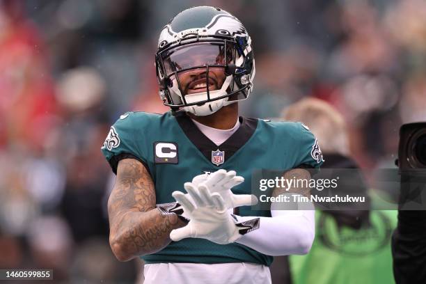 Darius Slay of the Philadelphia Eagles reacts prior to the NFC Championship Game against the San Francisco 49ers at Lincoln Financial Field on...