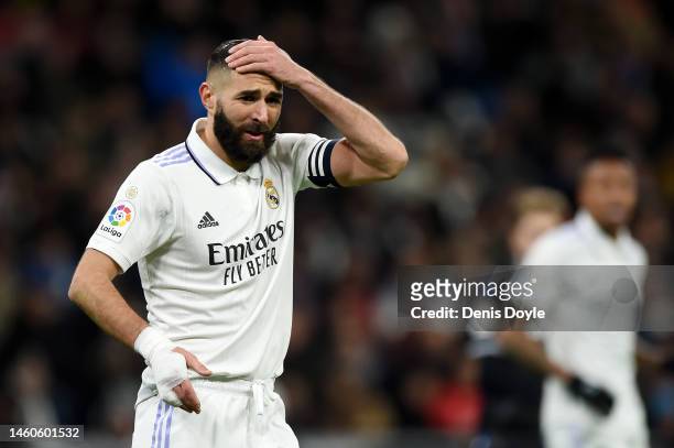 Karim Benzema of Real Madrid reacts during the LaLiga Santander match between Real Madrid CF and Real Sociedad at Estadio Santiago Bernabeu on...