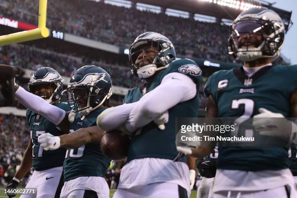 Haason Reddick of the Philadelphia Eagles celebrates with his teammates after recovering a fumble by Josh Johnson of the San Francisco 49ers during...