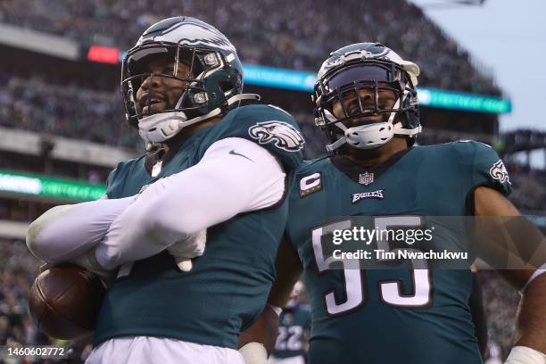 Haason Reddick of the Philadelphia Eagles celebrates with his teammates after recovering a fumble by Josh Johnson of the San Francisco 49ers during...