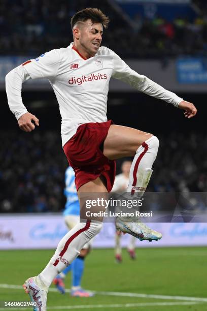 Roma player Stephan El Shaarawy celebrates during the Serie A match between SSC Napoli and AS Roma at Stadio Diego Armando Maradona on January 29,...