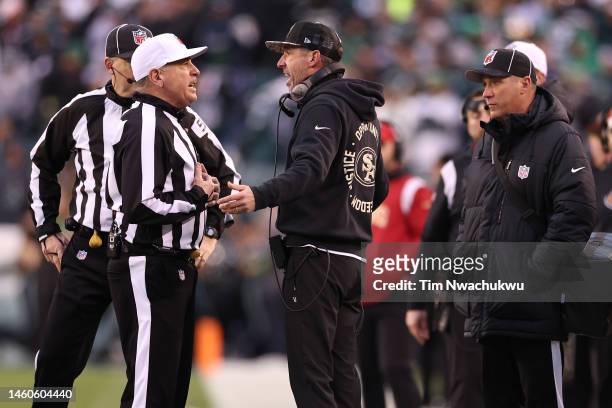 Head coach Kyle Shanahan of San Francisco 49ers argues with referee John Hussey against the Philadelphia Eagles during the second quarter in the NFC...