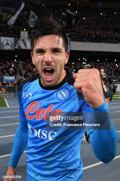 Giovanni Simeone of SSC Napoli celebrates the victory after the Serie A match between SSC Napoli and AS Roma at Stadio Diego Armando Maradona on...