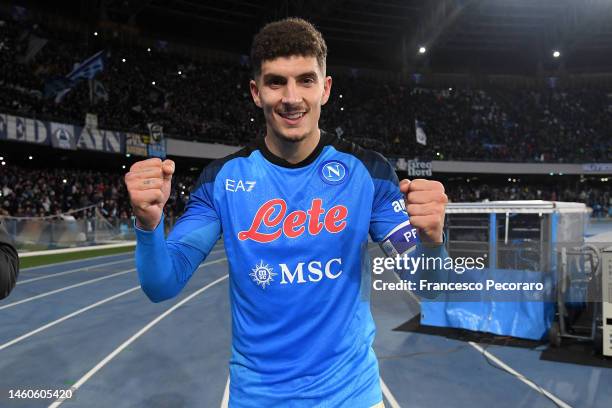 Giovanni Di Lorenzo of SSC Napoli celebrates the victory after the Serie A match between SSC Napoli and AS Roma at Stadio Diego Armando Maradona on...