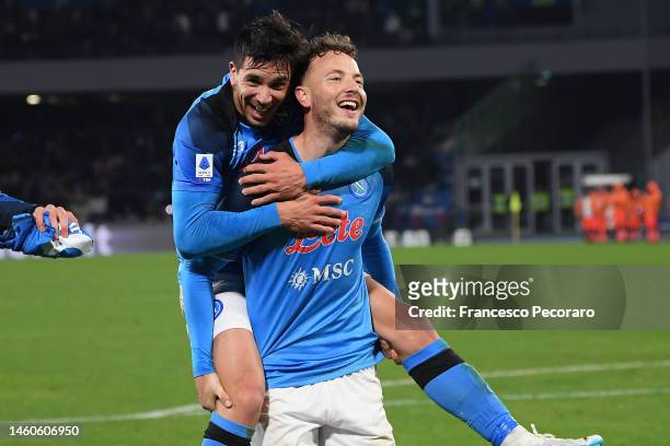 Giovanni Simeone and Amir Rrahmani of SSC Napoli celebrate the victory after the Serie A match between SSC Napoli and AS Roma at Stadio Diego Armando...