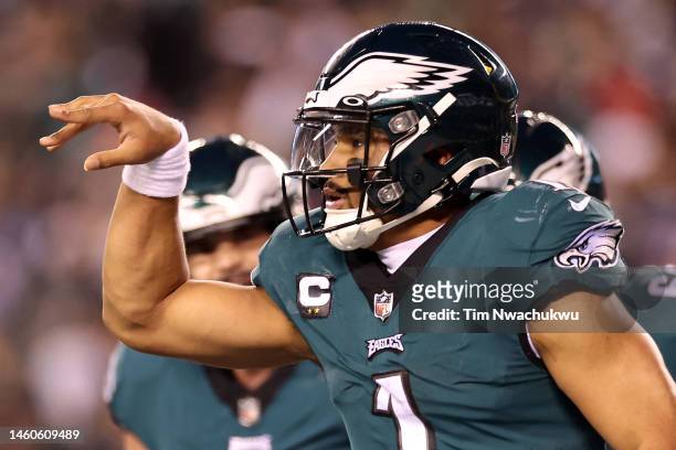 Jalen Hurts of the Philadelphia Eagles celebrates after scoring a touchdown against the San Francisco 49ers during the third quarter in the NFC...