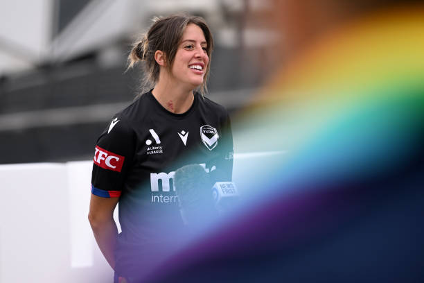 Kayla Morrison of the Melbourne Victory speaks to media during a media opportunity launching the A-Leagues pride round at AAMI Park on January 30,...