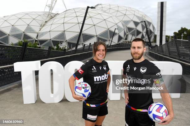 Kayla Morrison and Josh Brillante of the Melbourne Victory pose during a media opportunity launching the A-Leagues pride round at AAMI Park on...