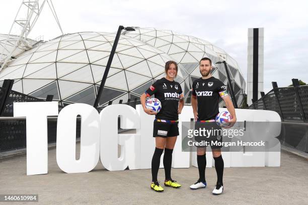 Kayla Morrison and Josh Brillante of the Melbourne Victory pose during a media opportunity launching the A-Leagues pride round at AAMI Park on...