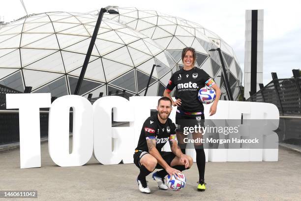 Josh Brillante and Kayla Morrison of the Melbourne Victory pose with the Pride Cup trophy during a media opportunity launching the A-Leagues pride...