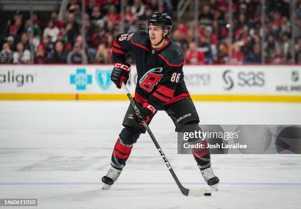 Teuvo Teravainen of the Carolina Hurricanes skates during the first period against the Boston Bruins at PNC Arena on January 29, 2023 in Raleigh,...