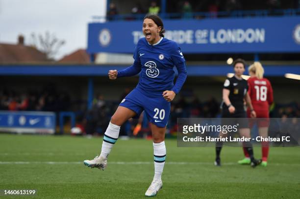 Sam Kerr of Chelsea celebrates after scoring her team's third goal during the Vitality Women's FA Cup Fourth Round match between Chelsea FC Women and...