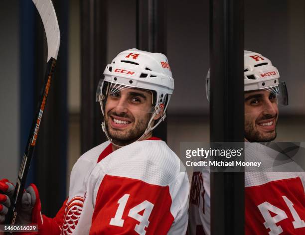 Robby Fabbri of the Detroit Red Wings during the first intermission of a game against the New York Islanders at UBS Arena on January 27, 2023 in...