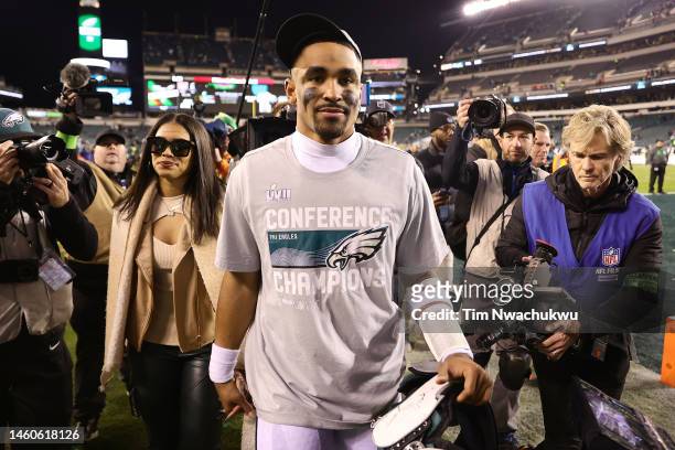 Jalen Hurts of the Philadelphia Eagles walks off the field after defeating the San Francisco 49ers in the NFC Championship Game at Lincoln Financial...