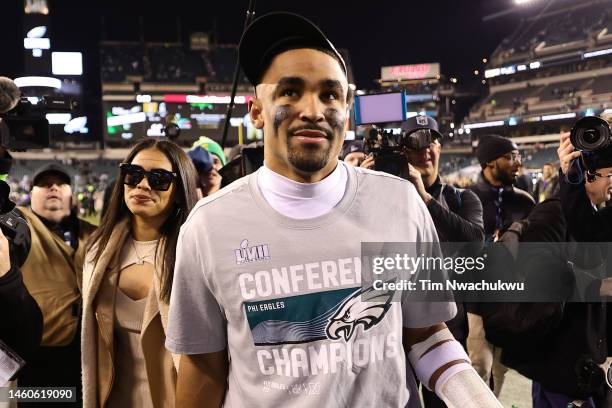 Jalen Hurts of the Philadelphia Eagles celebrates after defeating the San Francisco 49ers to win the NFC Championship Game at Lincoln Financial Field...