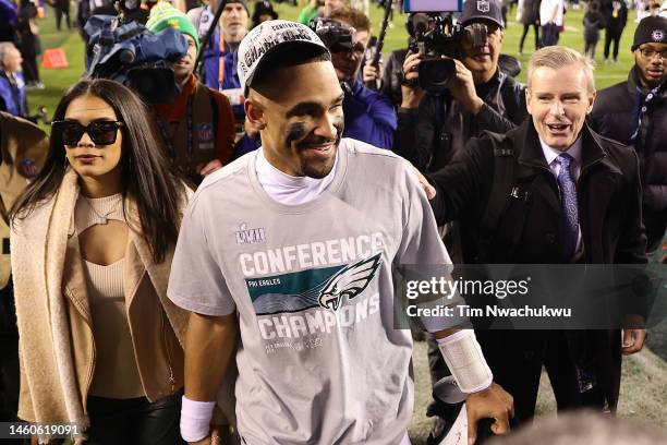 Jalen Hurts of the Philadelphia Eagles celebrates after defeating the San Francisco 49ers to win the NFC Championship Game at Lincoln Financial Field...