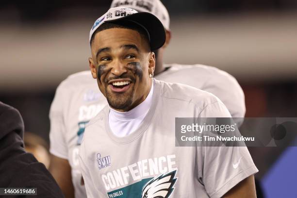 Jalen Hurts of the Philadelphia Eagles celebrates after defeating the San Francisco 49ers to win in the NFC Championship Game at Lincoln Financial...