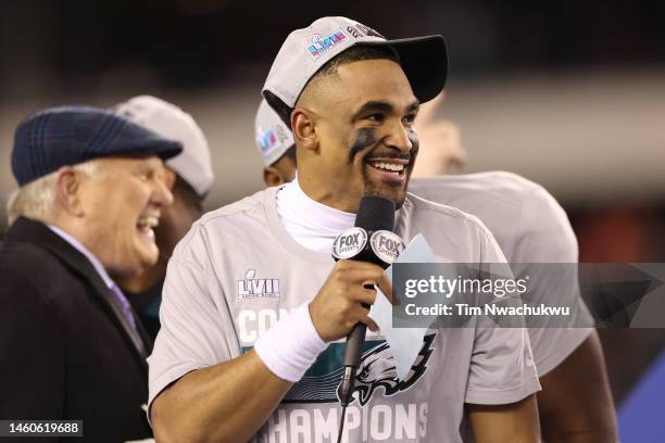 Jalen Hurts of the Philadelphia Eagles celebrates after defeating the San Francisco 49ers to win in the NFC Championship Game at Lincoln Financial...