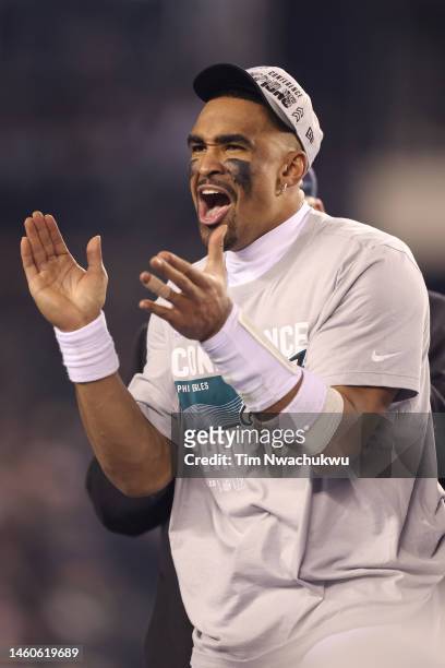 Jalen Hurts of the Philadelphia Eagles celebrates after defeating the San Francisco 49ers to win in the NFC Championship Game at Lincoln Financial...
