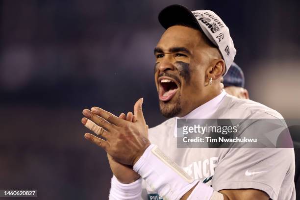 Jalen Hurts of the Philadelphia Eagles celebrates after defeating the San Francisco 49ers to win the NFC Championship Game at Lincoln Financial Field...
