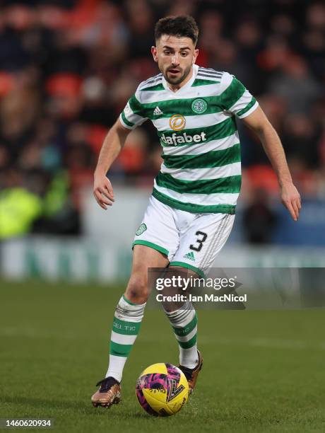 Greg Taylor of Celtic controls the ball during the Cinch Scottish Premiership match between Dundee United and Celtic FC at on January 29, 2023 in...