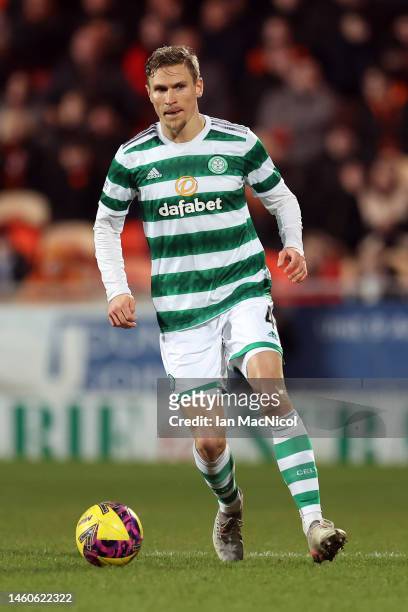 Carl Starfelt of Celtic controls the ball during the Cinch Scottish Premiership match between Dundee United and Celtic FC at on January 29, 2023 in...