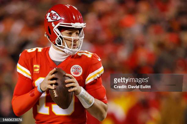 Patrick Mahomes of the Kansas City Chiefs looks to pass against the Cincinnati Bengals during the first quarter in the AFC Championship Game at GEHA...