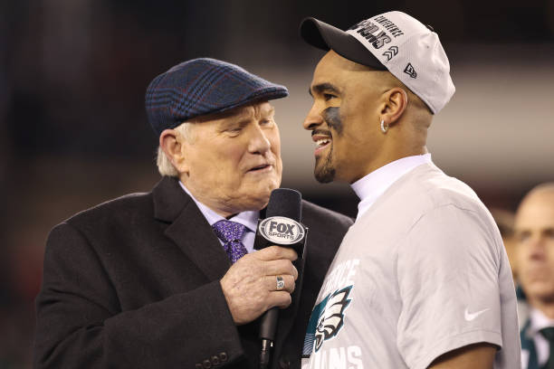 Sportscaster Terry Bradshaw talks with Jalen Hurts of the Philadelphia Eagles after defeating the San Francisco 49ers to win the NFC Championship...
