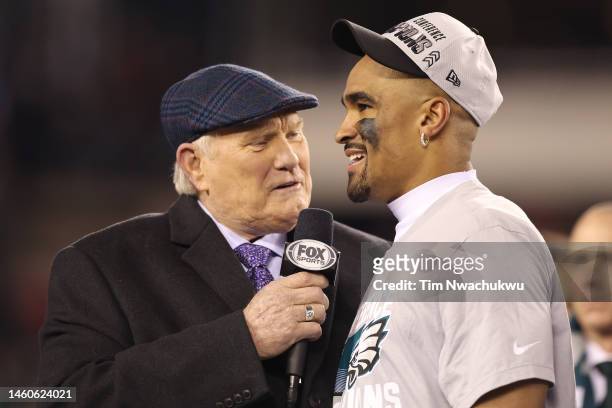 Sportscaster Terry Bradshaw talks with Jalen Hurts of the Philadelphia Eagles after defeating the San Francisco 49ers to win the NFC Championship...