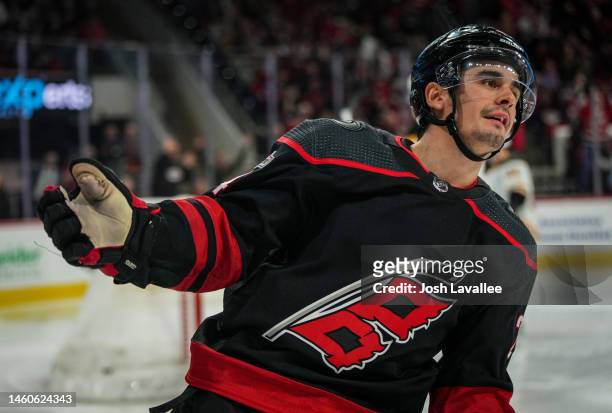 Seth Jarvis of the Carolina Hurricanes celebrates after scoring a goal during the third period against the Boston Bruins at PNC Arena on January 29,...