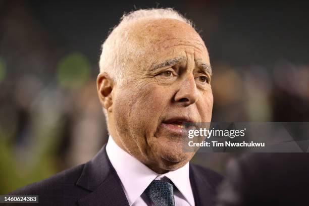 Owner Jeffrey Lurie of the Philadelphia Eagles looks on after they defeated the San Francisco 49ers to win the NFC Championship Game at Lincoln...