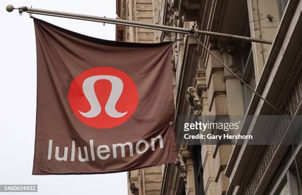 Lululemon corporate logo hangs above their store in Soho on January 28 in New York City.