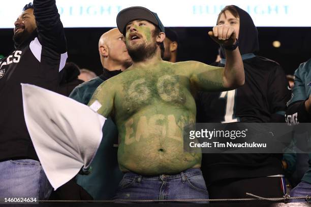 Philadelphia Eagles fan celebrates in the NFC Championship Game between the San Francisco 49ers and the Philadelphia Eagles at Lincoln Financial...