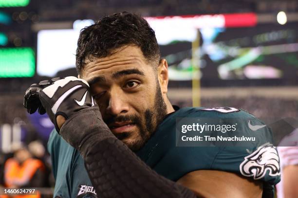 Jordan Mailata of the Philadelphia Eagles reacts after defeating the San Francisco 49ers 31-7 in the NFC Championship Game at Lincoln Financial Field...