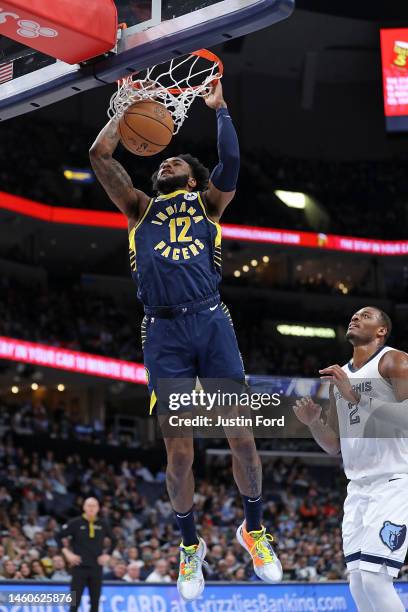Oshae Brissett of the Indiana Pacers dunks during the first half against the Memphis Grizzlies at FedExForum on January 29, 2023 in Memphis,...