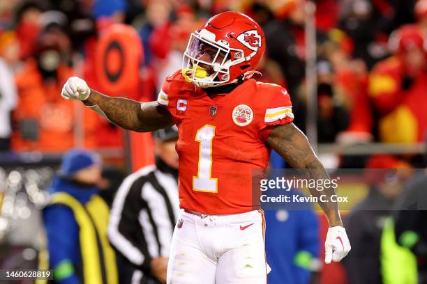 Jerick McKinnon of the Kansas City Chiefs reacts after a play against the Cincinnati Bengals during the first quarter in the AFC Championship Game at...