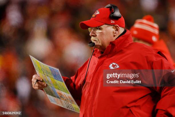 Head coach Andy Reid of the Kansas City Chiefs looks on against the Cincinnati Bengals during the second quarter in the AFC Championship Game at GEHA...