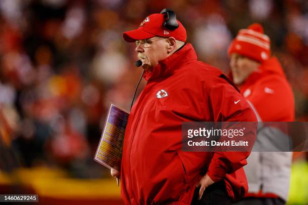 Head coach Andy Reid of the Kansas City Chiefs looks on against the Cincinnati Bengals during the second quarter in the AFC Championship Game at GEHA...