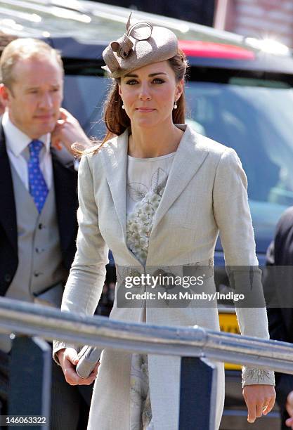 Catherine, Duchess of Cambridge attends the wedding of Emily McCorquodale and James Hutt at The Church of St Andrew and St Mary, Stoke Rochford on...