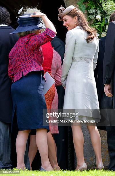 Catherine, Duchess of Cambridge attends the wedding of Emily McCorquodale and James Hutt at The Church of St Andrew and St Mary, Stoke Rochford on...