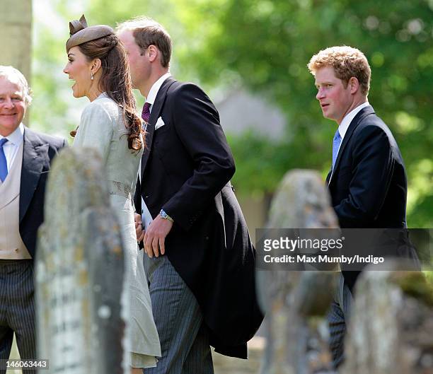 Catherine, Duchess of Cambridge, Prince William, Duke of Cambridge and Prince Harry attend the wedding of Emily McCorquodale and James Hutt at The...