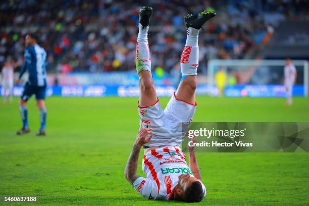 Edgar Mendez of Necaxa reacts during the 4th round match between Pachuca and Necaxa as part of the Torneo Clausura 2023 Liga MX at Hidalgo Stadium on...