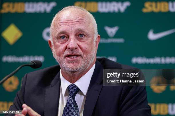 Graham Arnold speaks to the media during a press conference announcing the new Socceroos head coach at Dexus Place on January 30, 2023 in Sydney,...