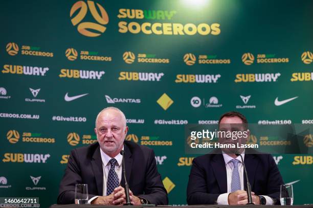 Graham Arnold and James Johnson speak to the media during a press conference announcing the new Socceroos head coach at Dexus Place on January 30,...