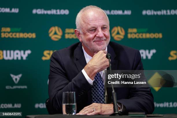 Graham Arnold smiles during a press conference announcing the new Socceroos head coach at Dexus Place on January 30, 2023 in Sydney, Australia.