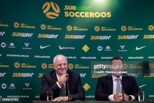 Graham Arnold and James Johnson speak to the media during a press conference announcing the new Socceroos head coach at Dexus Place on January 30,...