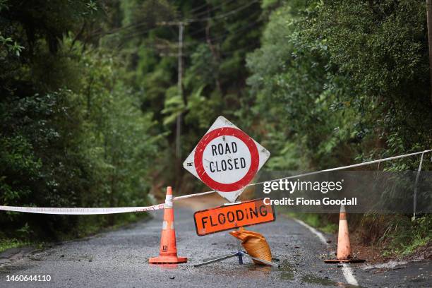 Konini Rd in Titirangi is closed with slips and flooding on January 30, 2023 in Auckland, New Zealand. New Zealand's largest city, Auckland, was hit...