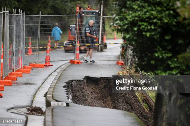 Slip on Scenic Drive in Titirangi has affected water pipes cutting off water to many homes in the area on January 30, 2023 in Auckland, New Zealand....