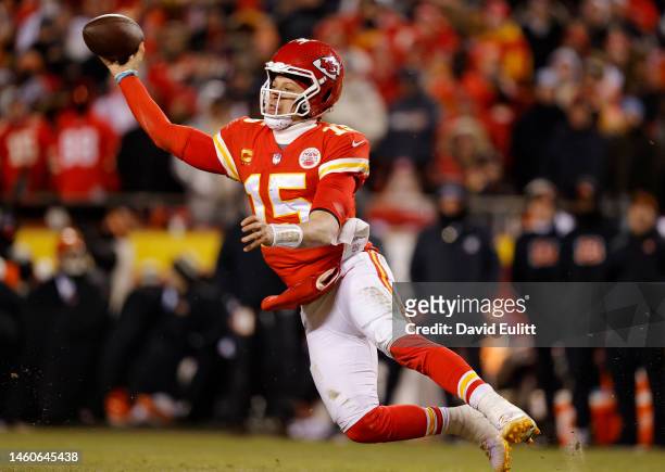 Patrick Mahomes of the Kansas City Chiefs throws a pass against the Cincinnati Bengals during the fourth quarter in the AFC Championship Game at GEHA...